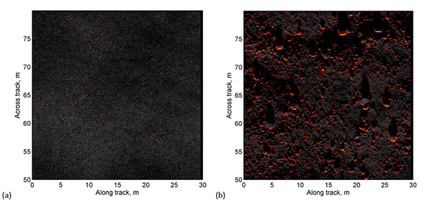 Ultrasonic images of seafloor with and without debris.