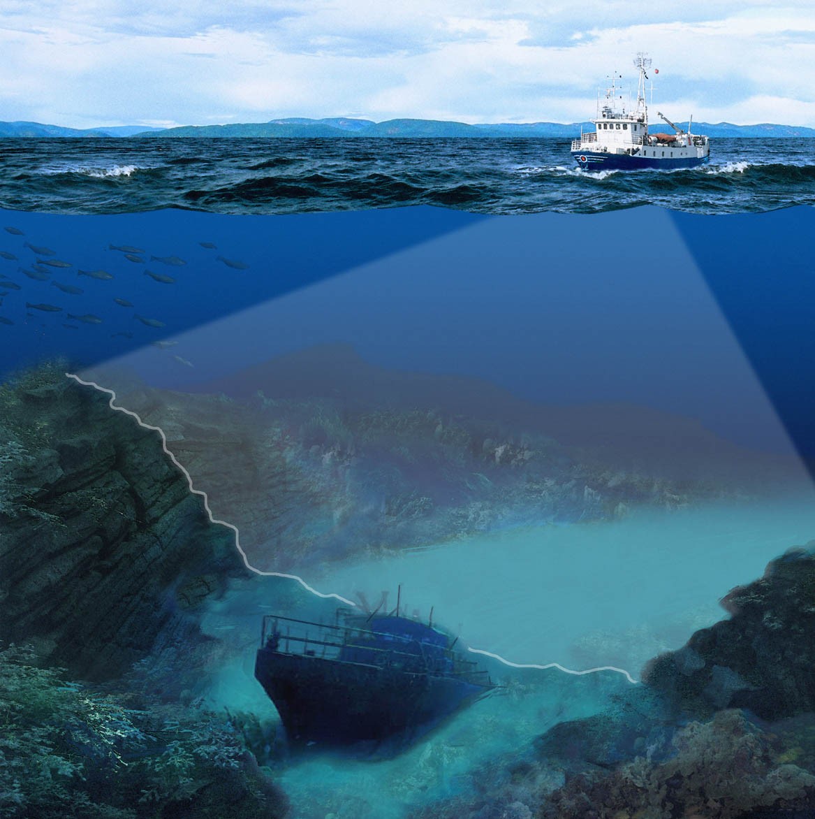 Fig. 1: Illustration of seabed mapping with a Multi-beam echo sounder (Courtesy of Kongsberg Maritime) 