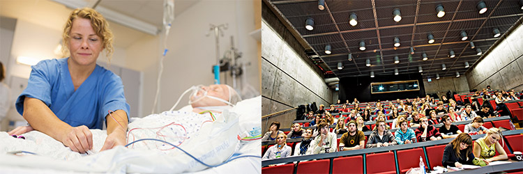 sammensatt bilde av sykepleier og forelesningssal