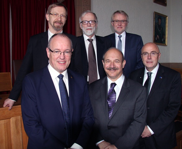Professor Bruce Beutler (in the middle) at the honorary Doctorate ceremony March 20th with Professors Magne Børset, Anders Waage, Terje Espevik, rector Gunnar Bovim and Dean at Faculty of Medicine Stig Slørdahl.